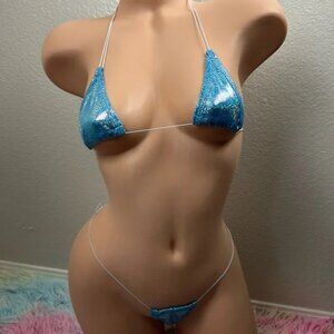 NEW Blue Glitter Super Sexy Stripper Pole Dancer Micro Bikini Set OS